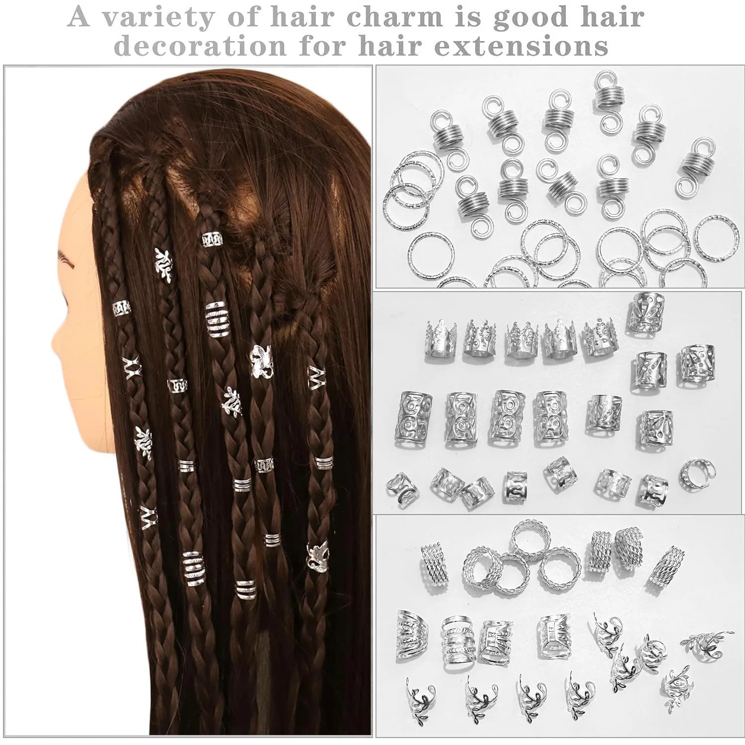 290Pcs Silver Gold Hair Beads Jewelry Braid Accessories Hair Clips Dreadlocks Braiding Braid Cuffs Metal Hair Rings Charms 6