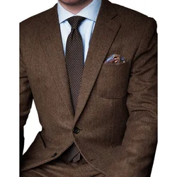 2023 Classic Brown Herringbone Business Men 2 Pcs Set Suits Jacket With Pants Groom Wedding Slim Fit Party Costume Homme Tuxedo