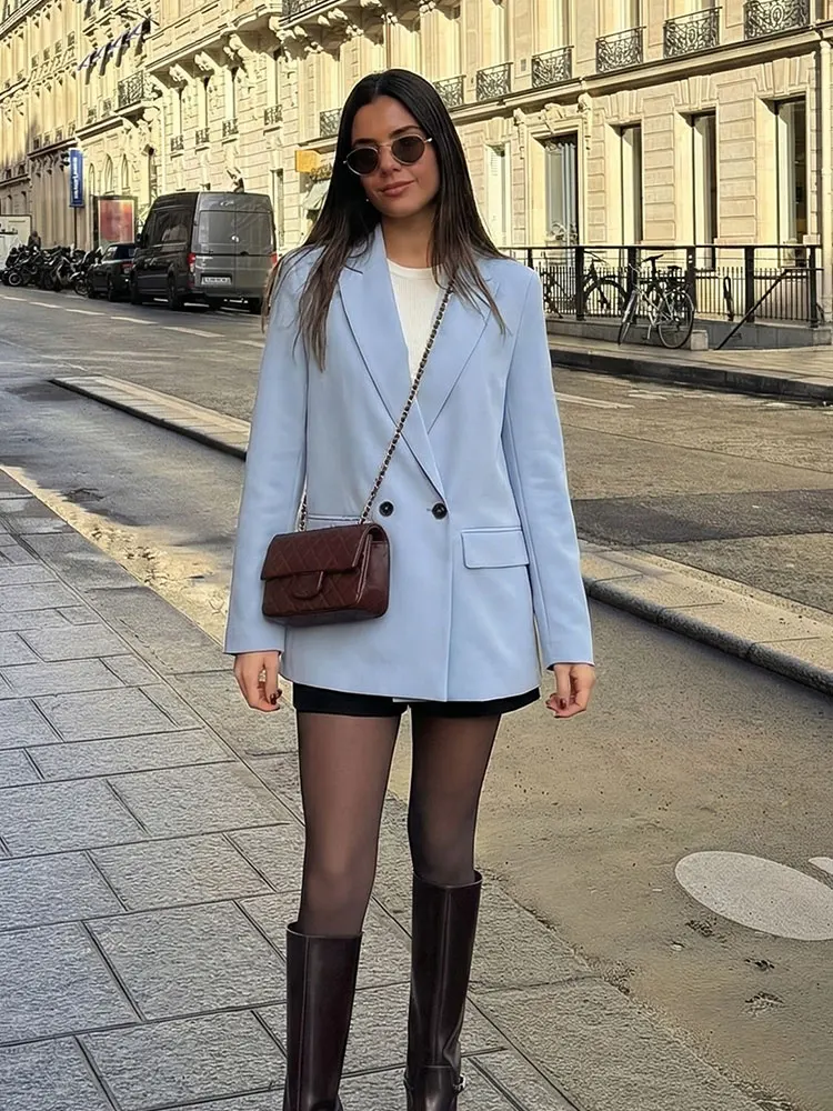 HH Women Chic Solid Blazer Coat Long Sleeve Double Breasted Jacket Spring Female Casual Commuting Fashion Streetwear Blazers