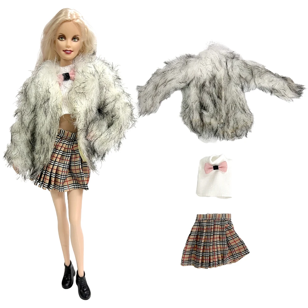 

NK 3 Items/ Set Winter Clothes for Barbie Doll Long Sleeve Soft Fur Coat +White Tops +Grid Skirt Warm Casual Wear Accessories