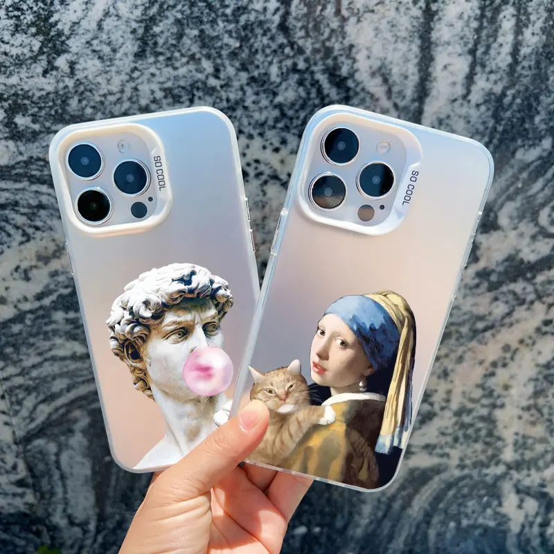 Artistic Aesthetic Phone Case - Shockproof Matte Laser Cover with David and Mona Lisa Design