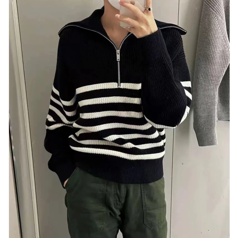 Autumn and Winter Lapel Zipper Semi-open Placket Women's Long-sleeved Striped Sweater Black and White Fashion Casual Knitwear