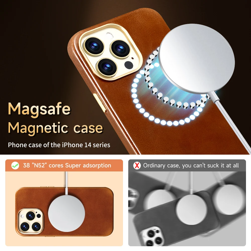 Original Leather for Magsafe Case for iPhone 14 13 Pro Max 14 Plus 14Pro Retro Luxury Wireless Charging Magnetic Back Cover