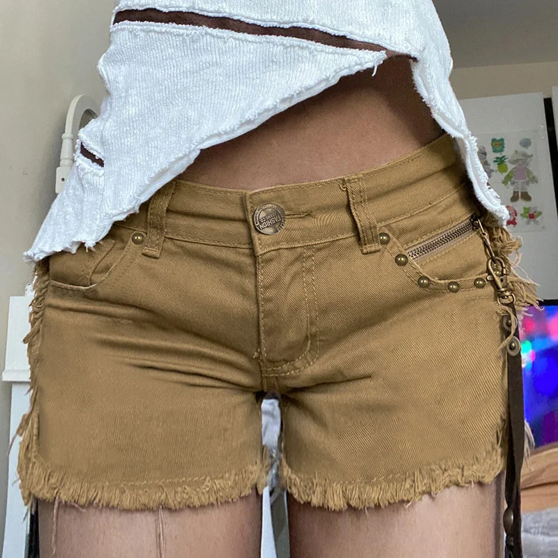 

Summer Cargo Denim Shorts Female Solid Color High Waist Frayed Edge Jeans Short Pants Fashion Y2K Punk Style Women