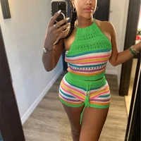 Women Suits Hhanging Neck Lace-up Sleeveless Backless Tops Female Casual Knitted Rainbow Stripes Two Piece Sets Slim Fit Shorts - Image 5