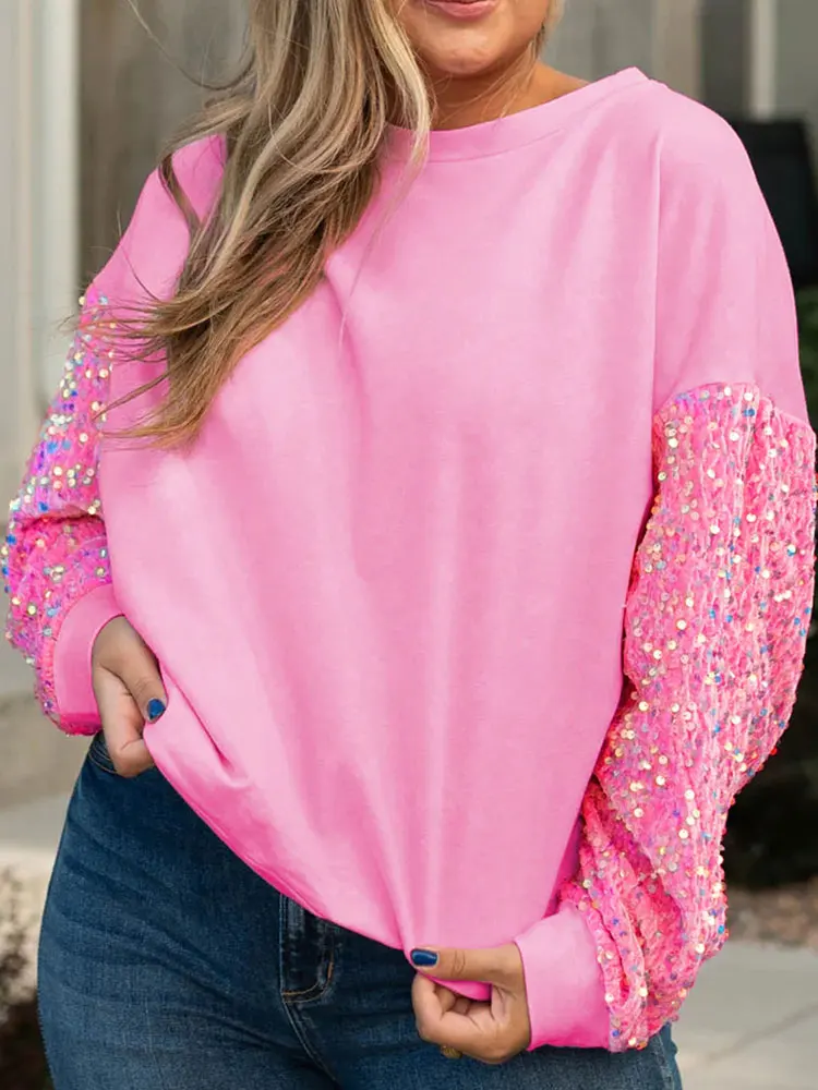 

Pink Sequin Sleeve Drop Shoulder Sweatshirt Sequin Long Sleeve Sweatshirt Cute Pullover