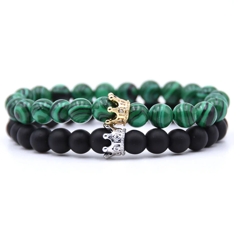 2Pcs Best Sale Couple Bracelet Man Crown Charm Stone Beads Bracelets For Women Men Jewelry Pulseira Masculina Bileklik Feminina