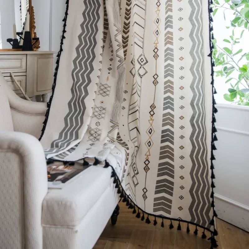 

Farmhouse Boho Print Bedroom Curtains Tassel Geometric Striped Bohemian Room Darkening Window Panel Curtains Semi Shading Set