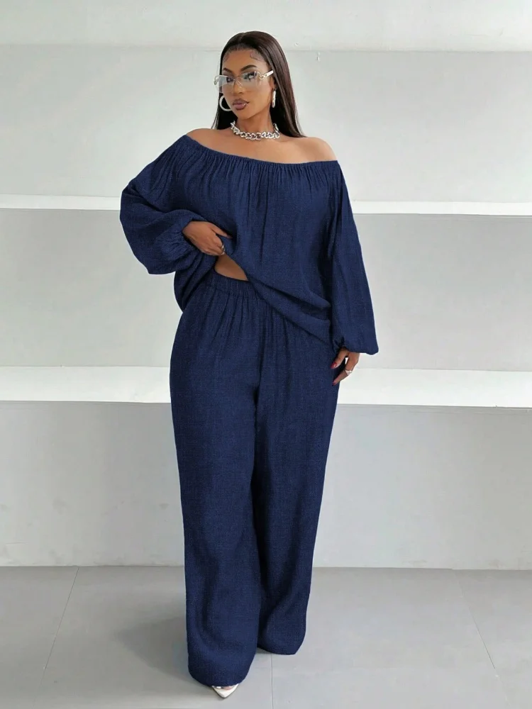 Wmstar Two Piece Set Women Wholesale A Solid Color Large Size Spring Set Imitating Denim A One Shoulder Loose Top Wide Leg Pants