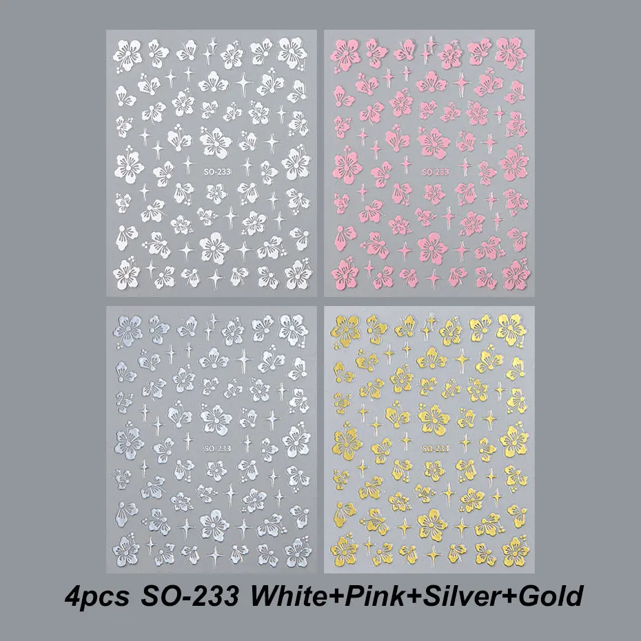 4 Stück Hibiskus-Blumen Nagelkunst-Aufkleber 3D Weiß Rosa Blumenmuster Y2K Gold Silber Blütenblätter DIY Romantische Selbstklebende Maniküre-Dekoration – Detail 2