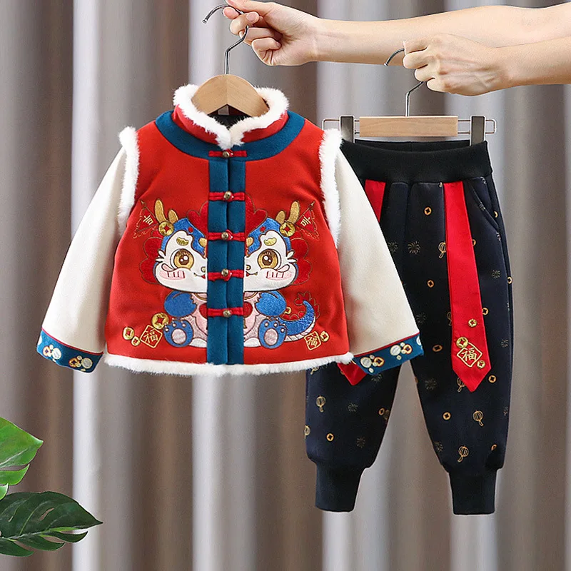 

2024 Winter New Thick Warm Plush Tang Suit Chinese Boys Traditional Hanfu Cute Children's Embroider Dragon Year Clothing Printin