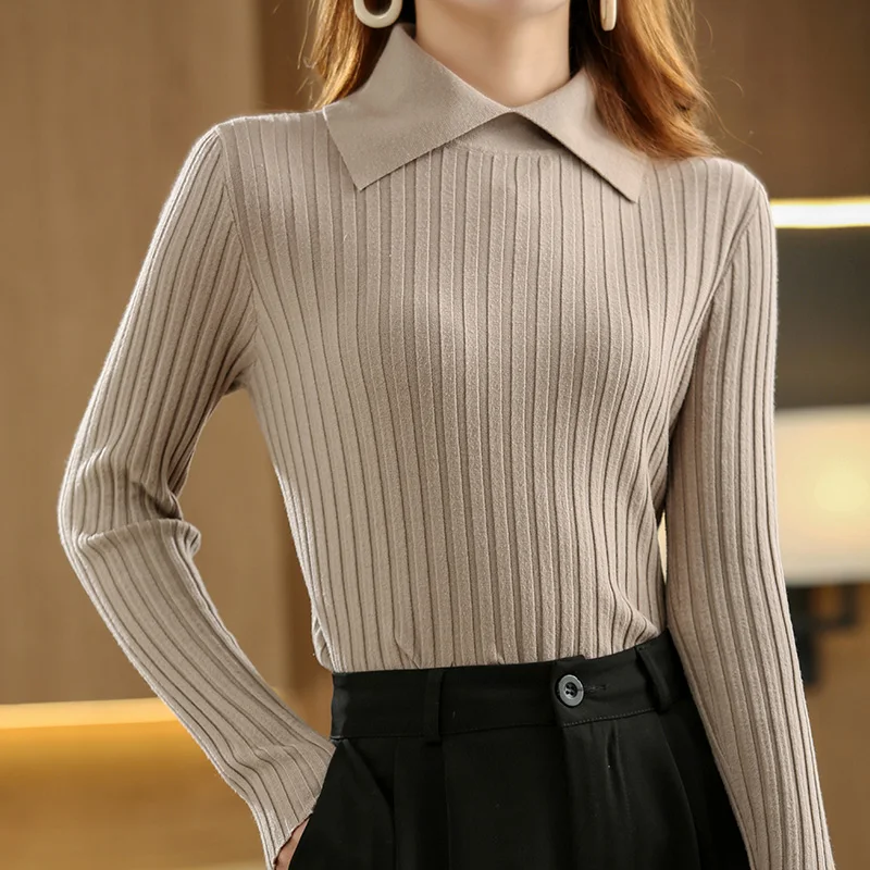 

New Ladies Spring High Elasticity Wool Blend Sweater Casual Polo Collar Pullover Vertical Striped Knitted Sweater Slim Commuter