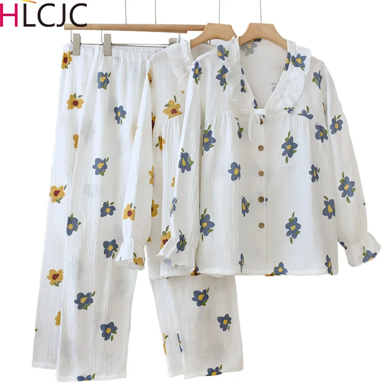 

Весна-Осень 2023, Женский хлопковый креп, милый пижамный комплект, одежда для сна с V-образным вырезом и длинным рукавом, Пижамный костюм, домашняя одежда, женская пижама