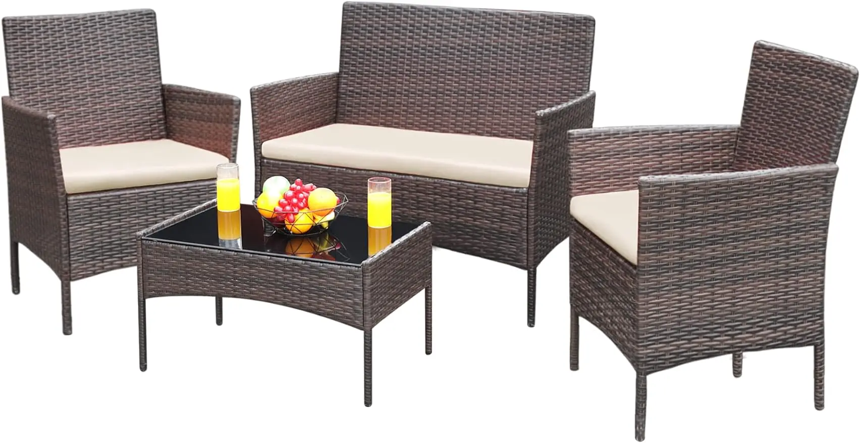 Patio Furniture 4 Pieces Conversation Sets Outdoor Wicker Rattan Chairs loveseat with Soft Cushion and Glass Table, Brown&Beige