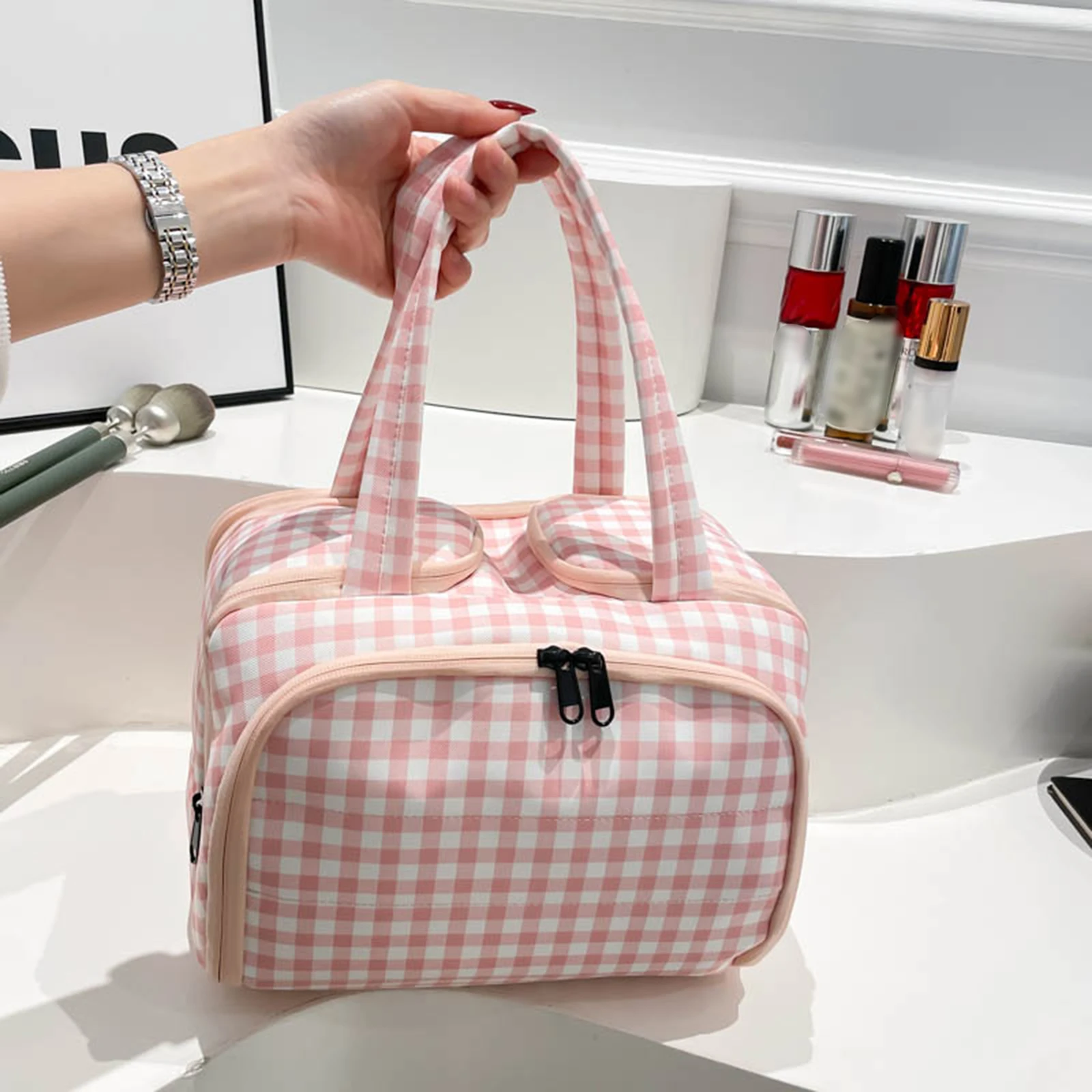 Double Wide Four Opening Large Capacity Portable Travel Storage Bag with Zippers & Compartment Cosmetic Wash Bag for Women Girls