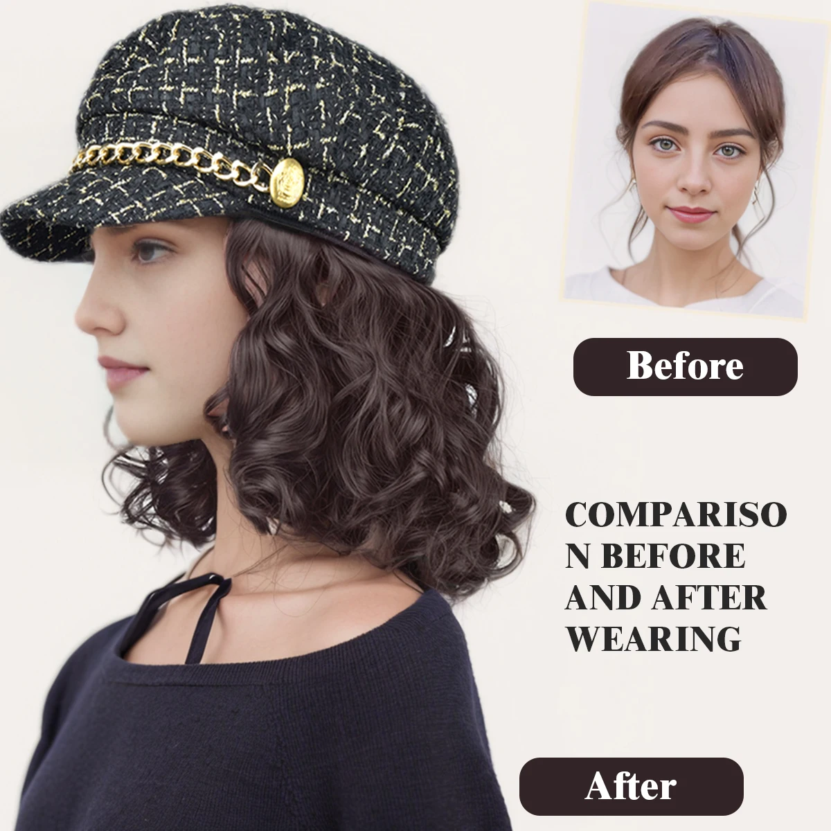 Natural synthetic lazy hat wig women fashion wig hat short curly hair autumn and winter mother cap wig