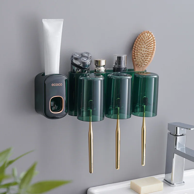 Dispenser Dentifricio Da Parete Con Portaspazzolini E Bicchieri: Organizer Bagno Intelligente, 4 Scomparti, Adesivo Forte - 5