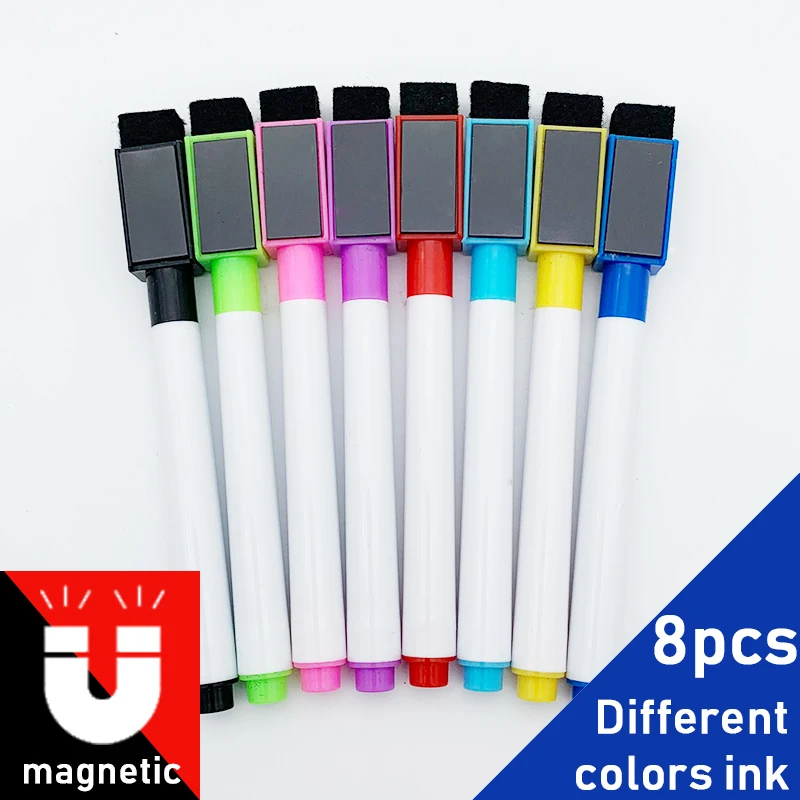 8Pcs/lot Colorful Black School Classroom Supplies Magnetic Whiteboard Pen Markers Dry Eraser Pages Children Drawing marker pens