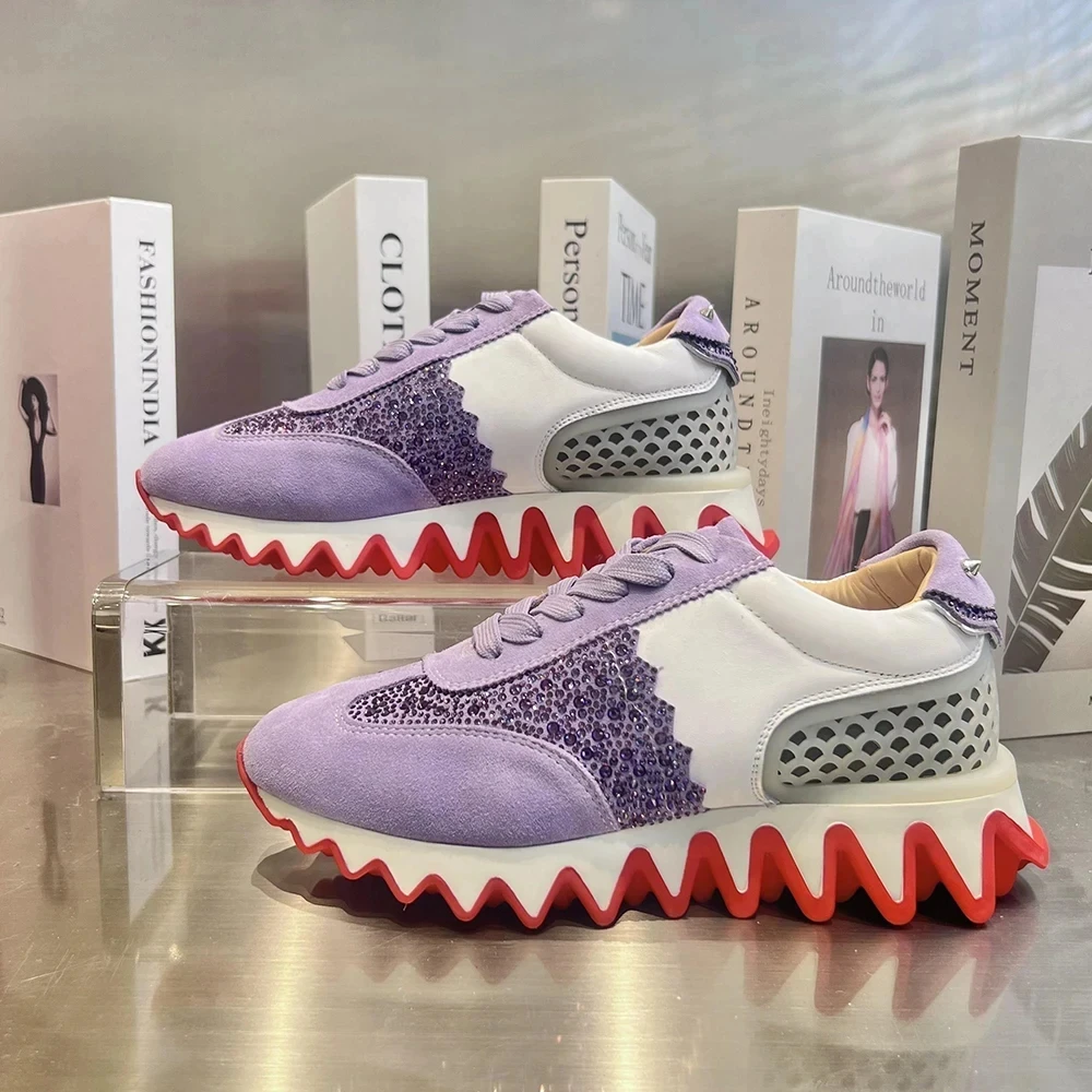 Couple Rivet Graffiti Thick Clunky Platform Dad Sneaker Shark Teeth Shaped Stitching Lace-Up Men Red Sole Comfort Slip-on Shoes