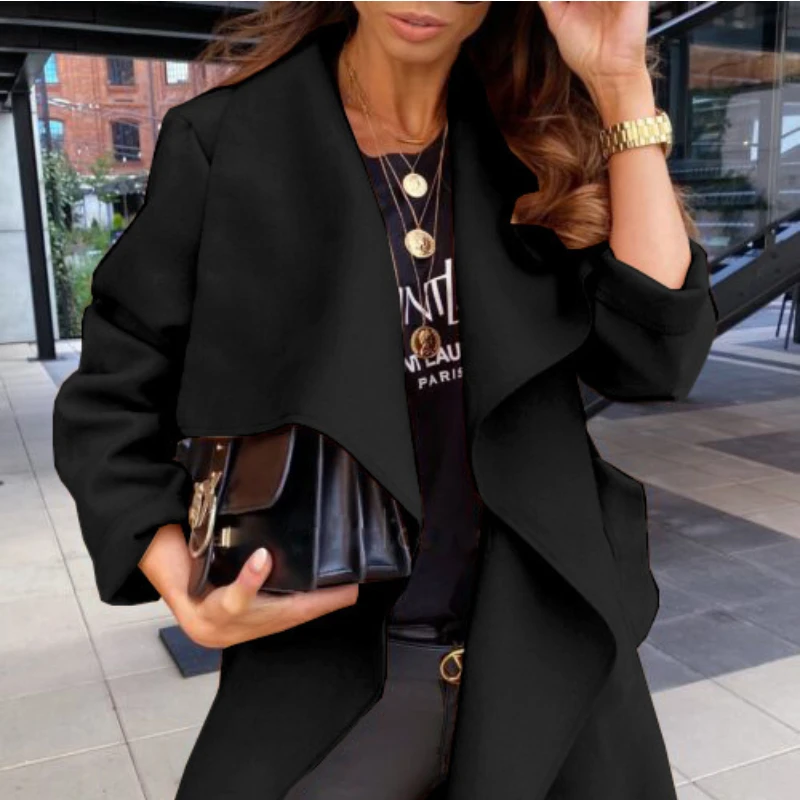 European and American Autumn and Winter  Fashion Solid Color Lapel Long-sleeved Tie Cardigan Woolen Coat Women's Clothing