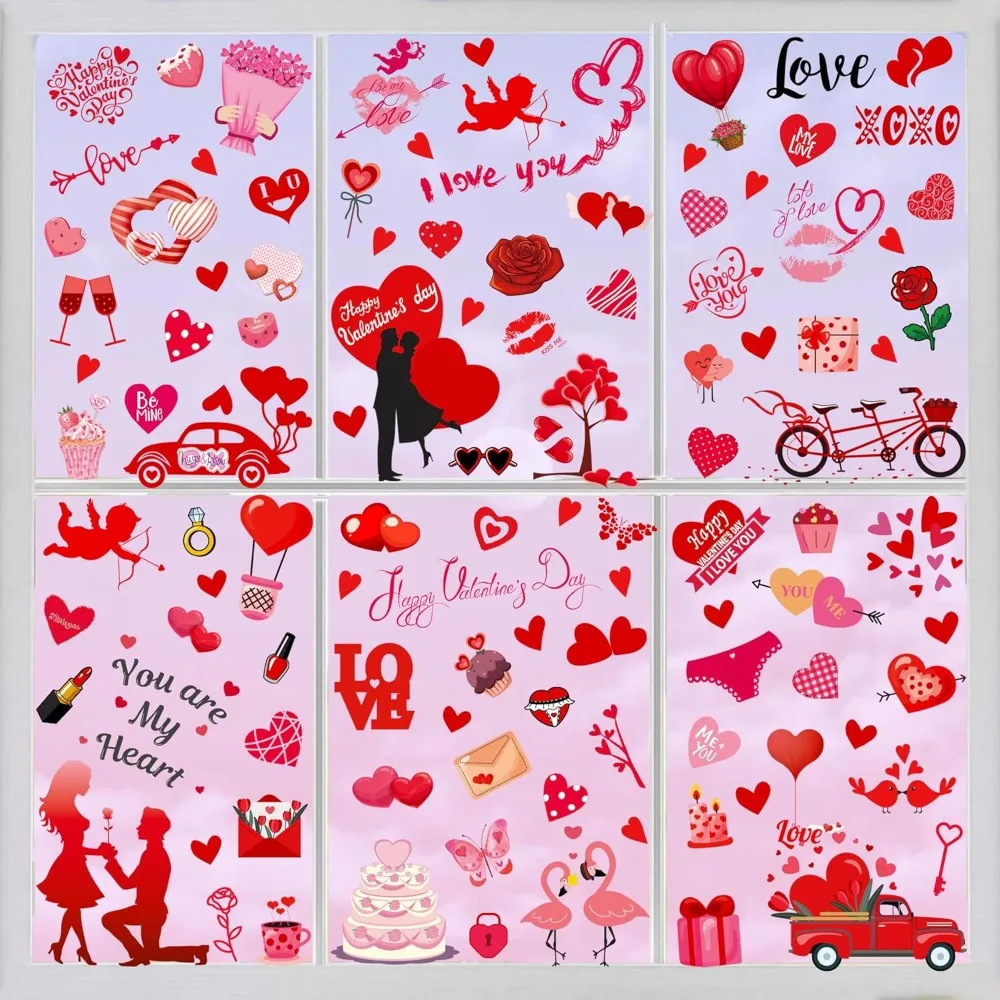 9PCS Window Stickers for Glass Valentine's Day Decorative Double Sided Wall Decals Love Tree Glass Home Decorations