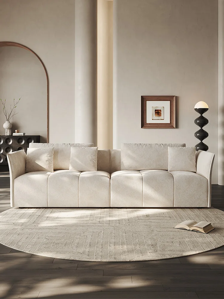 

Italian minimalist cream style small and large unit layout with straight row sofa, designer living room fabric sofa