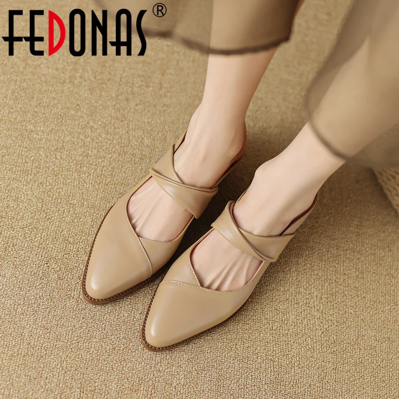 

FEDONAS Pointed Toe Women Slippers Sandals Office Lady Shoes Woman Thick Heels Genuine Leather Hollow Concise Spring Summer 2023