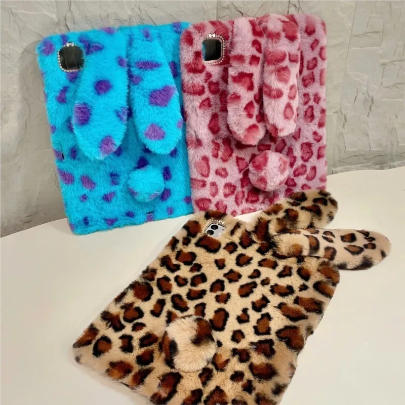 Adorable Fluffy Leopard Bunny Tablet Case with Pen Holder Cover