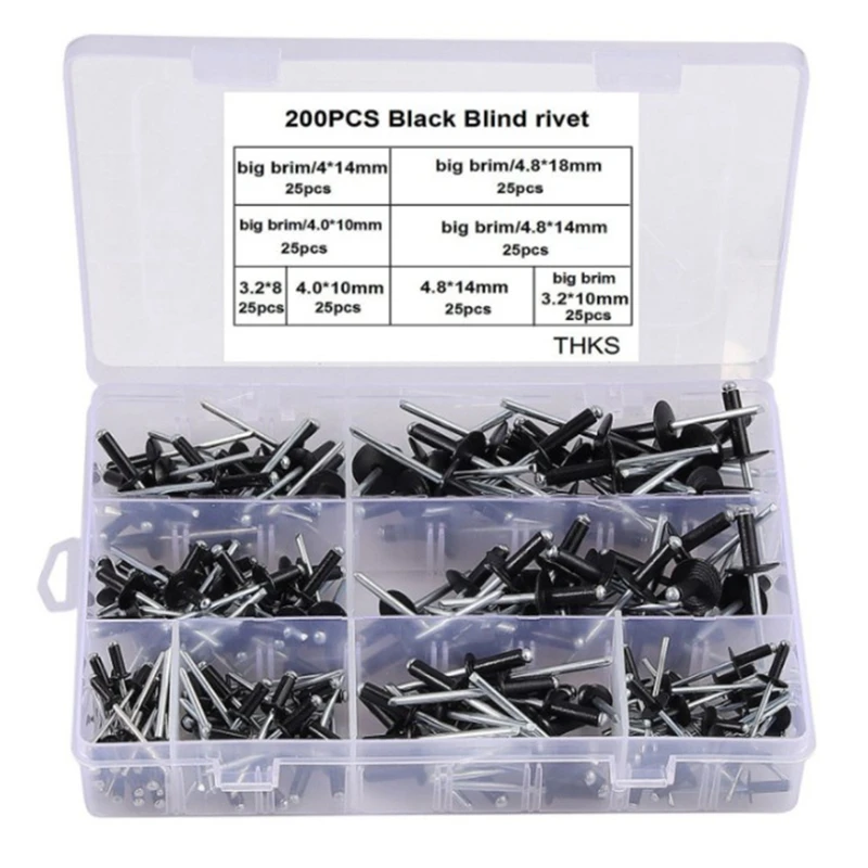 

200Pcs Black Blind Rivets Aluminium Rivets High Strength Round Head Blind Rivet Assortment Kit Countersunk Rivets Screws Promoti