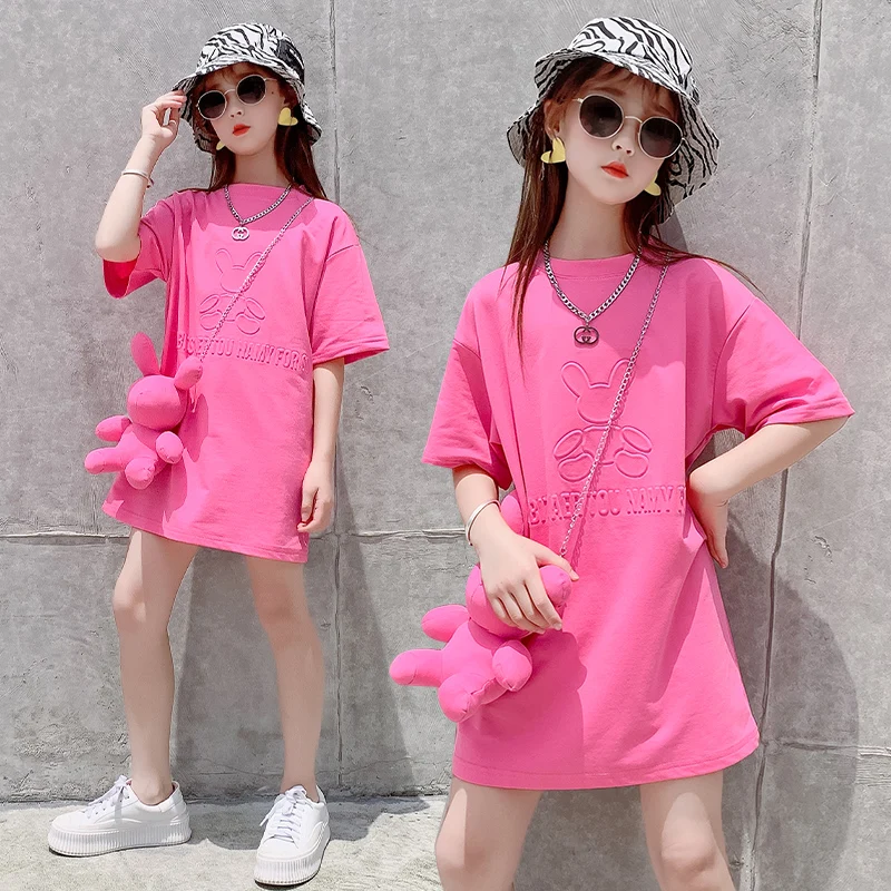 Teen Girls T-Shirt Dress Set Estate Manica Corta T-Shirt Lunga Allentato Casual Cartoon Solid Dress Abbigliamento Per Bambini Top Di Media Lunghezza