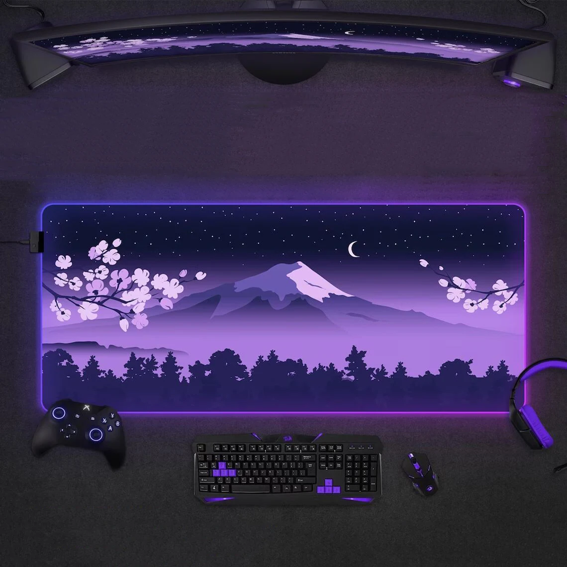 PurpleMousePadRGBFujiDeskMatGamingMousepadNightPinkBlack
