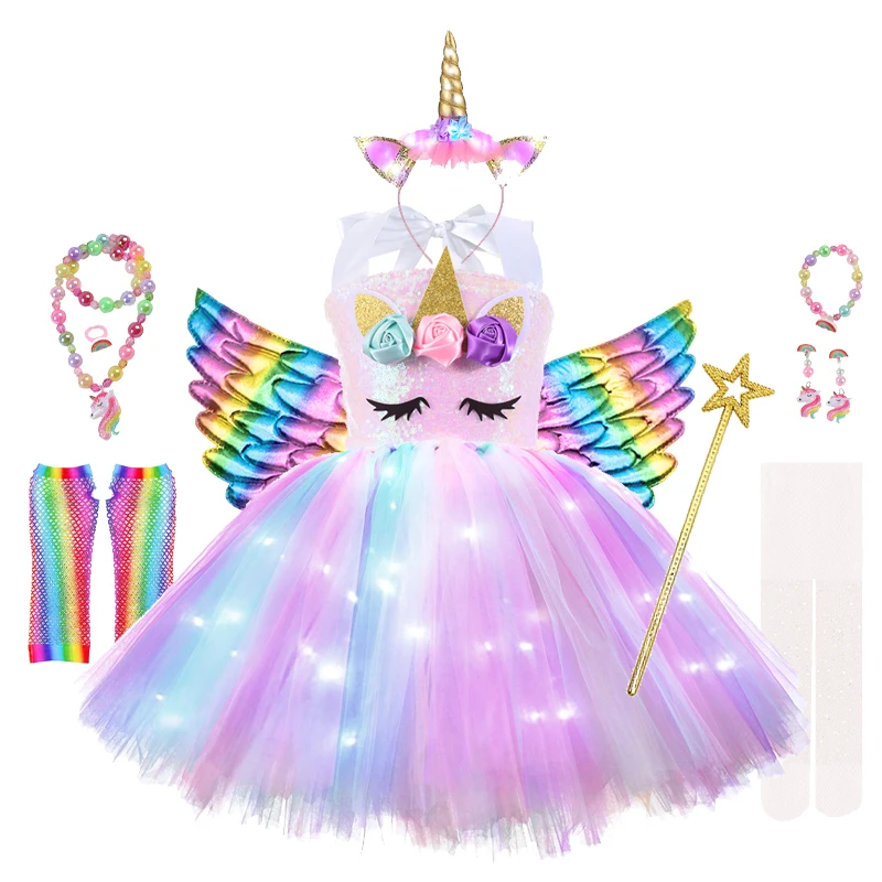 

Girls Rainbow Unicorn Light Up Tutu Dresses for Kids Birthday Party Sequins Glowing Knee Length Dress Halloween Animal Costumes