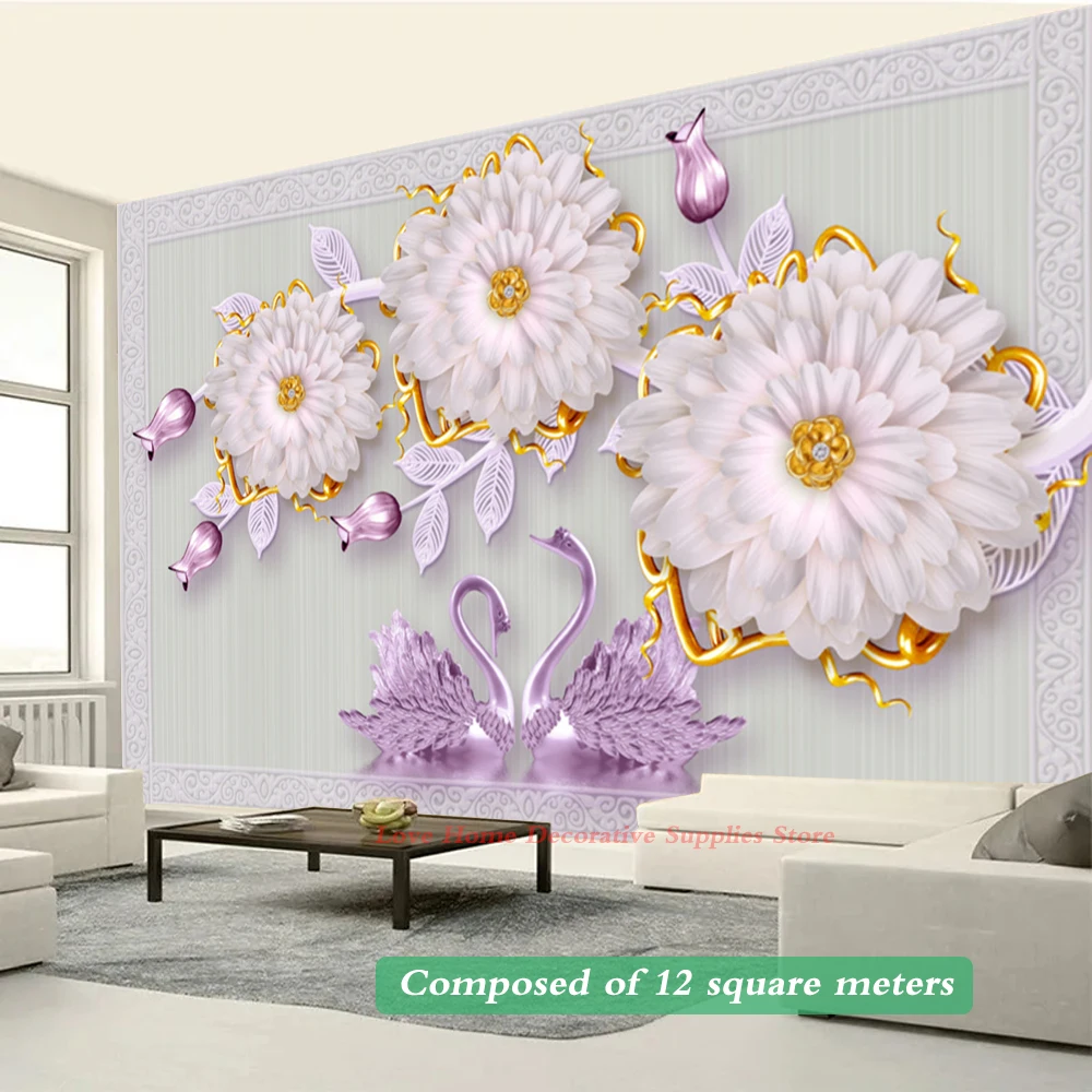 

Modern Luxury Living Room Backdrop Decorative Panoramic Wallpapers Custom Any Size Wall Covering Stereo Flowers Swan Sofa Mural