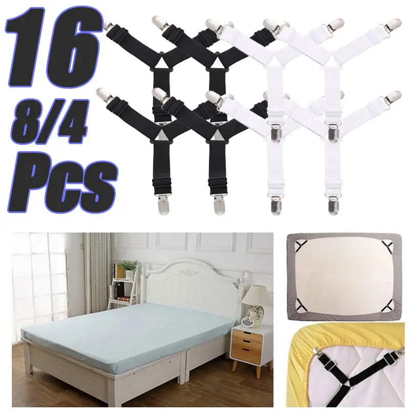 Bed Sheet Clips 16/4PCS Adjustable Bed Sheet Holder Straps Fitted Sheet Clip Elastic Anti Slip Clip Blankets Quilt Holder Organize Gadgets
