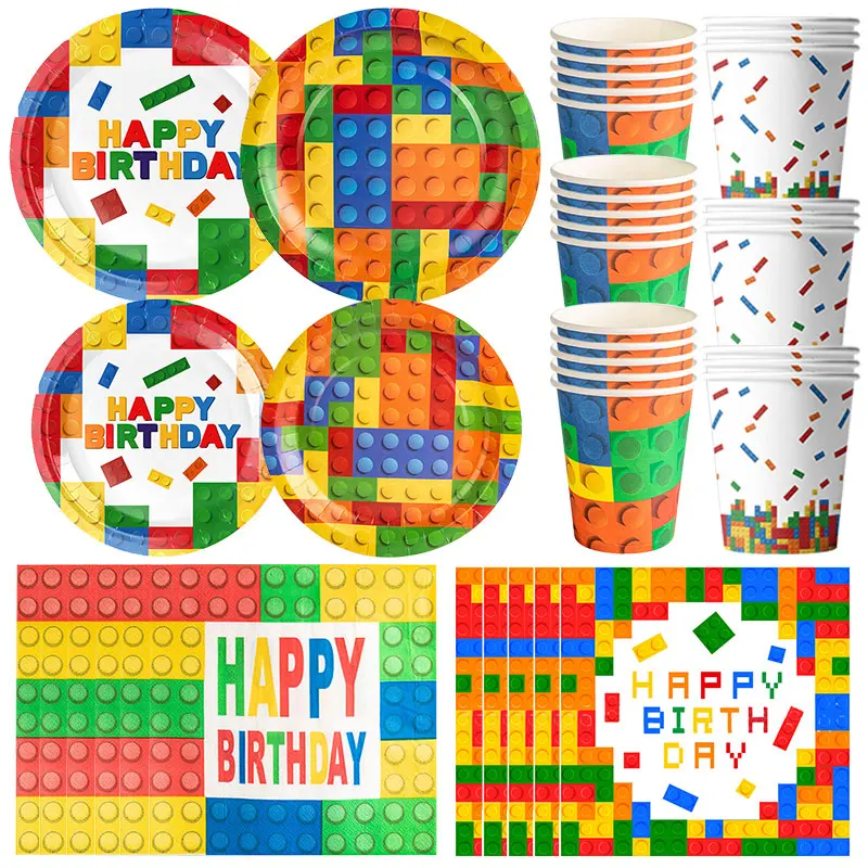Building Block Birthday Party Decoration Tableware Set Paper Plates Cups Tablecloth Backdrop Balloon Party Supplies For Kids