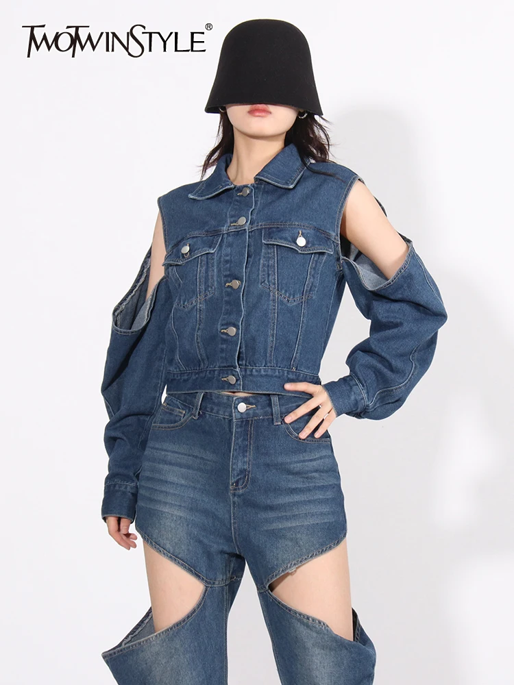 

TWOTWINSTYLE Solid Hollow Out Chic Denim Jacket For Women Lapel Long Sleeve Patchwork Single Breasted Casual Jackets Female New