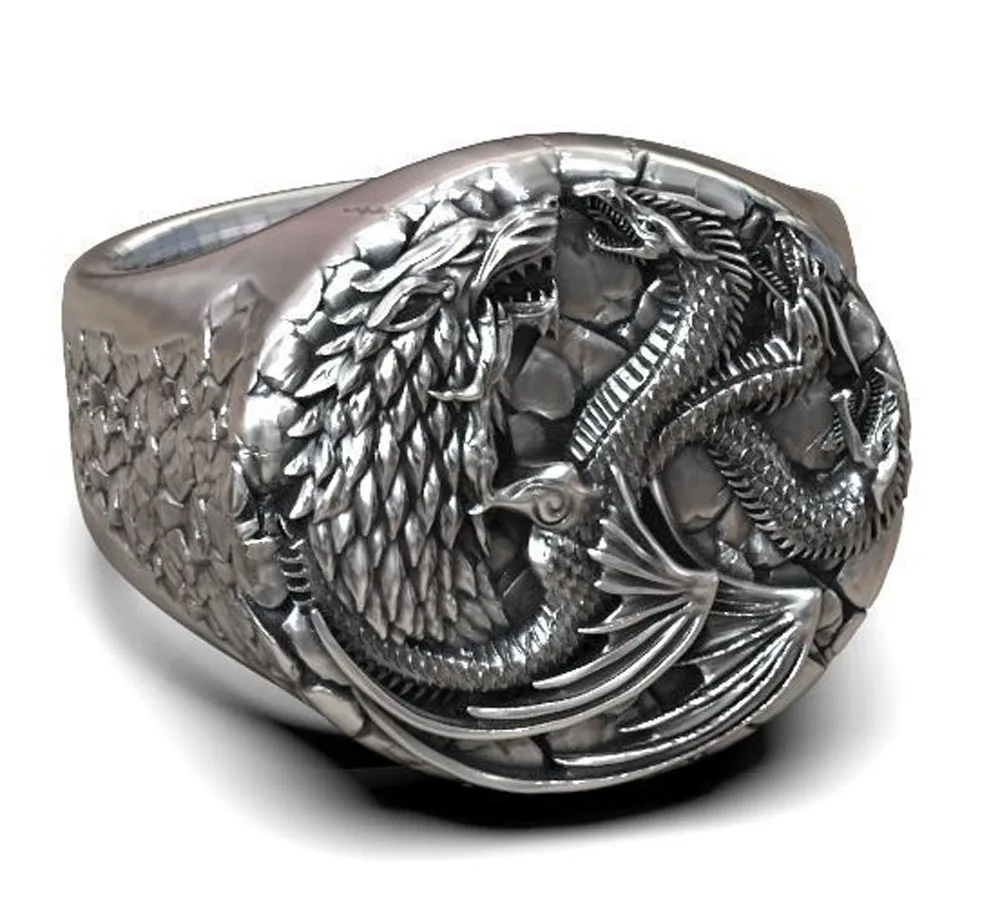 

18g Fire And Blood Wolf Dragon Religious Artistic Relief Gifts for Men and Dads 925 Solid Sterling Silver Ring High Trendy