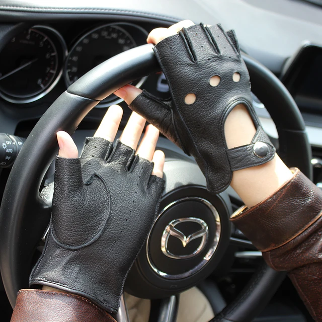 Guantes sin dedos de cuero de piel de ciervo para conducir en coche para  hombre, guantes