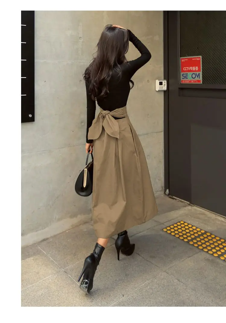 silk skirt Womens Fashion Solid Color Big Swing Ladies Skirt Long Skirt 2022 Spring Wild High Waist Bow Slim Skirts RV451 maxi skirts for women