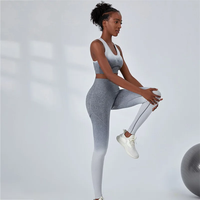 Seamless Yoga Set Gradient Sport Set Women Gym Clothes Workout Fitness  Leggings Sport Bra Crop Top High Waist Leggings Gym Suits