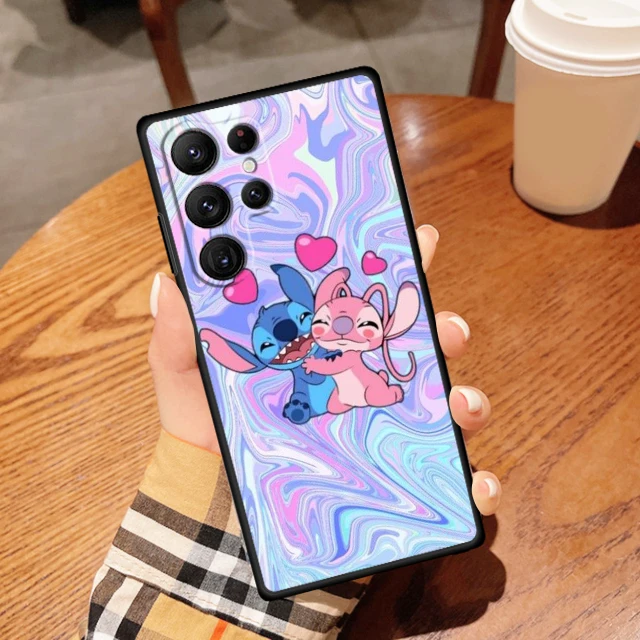 Disney Stitch Angel Love For Samsung Galaxy S23 S22 S21 S20 FE S10 S9 S10E S8 Plus Ultra Lite 5G Black Phone Case