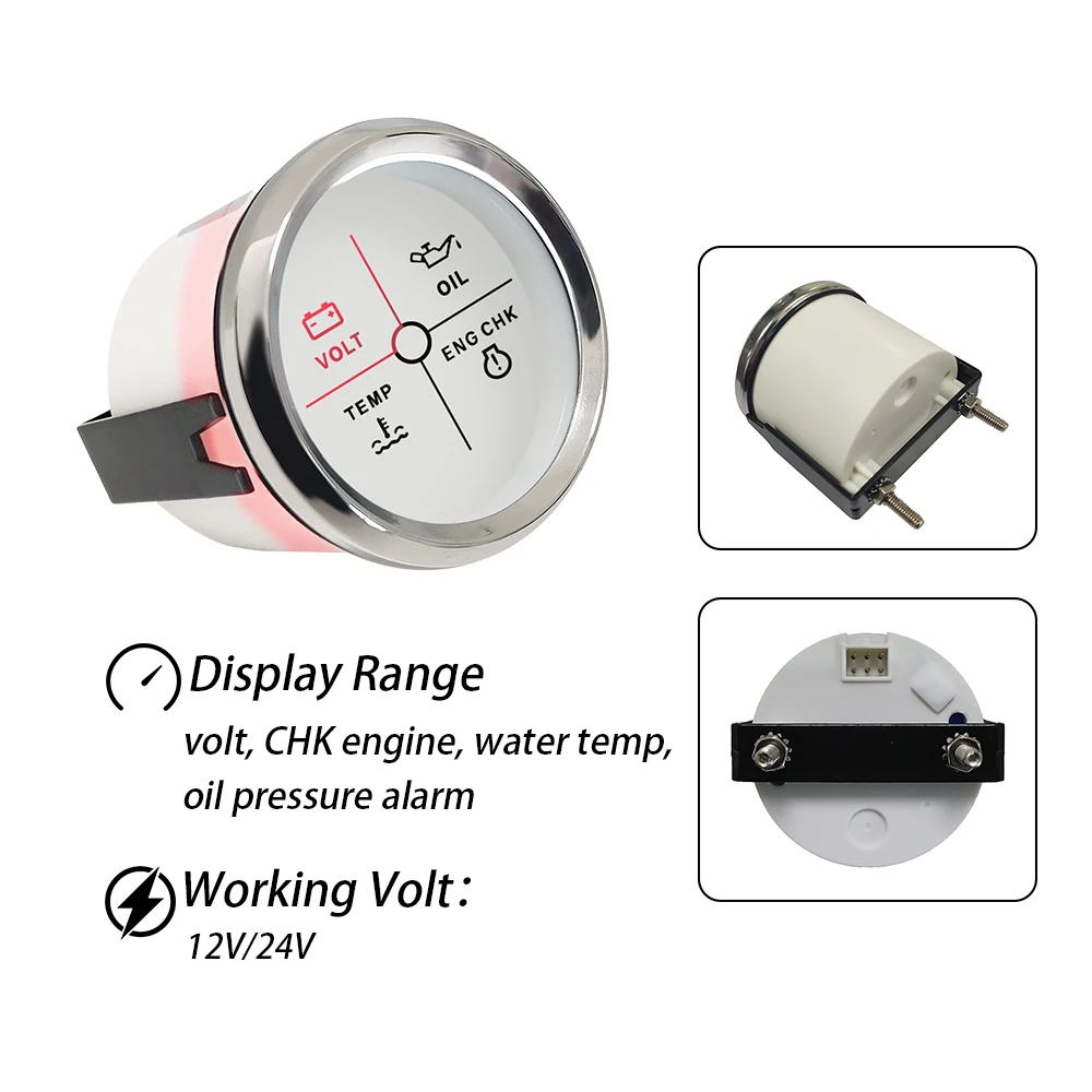 Rhaxel Universal 52mm 4 LED 엔진 알람 게이지 미터(선박 요트용 백라이트 포함) 12Volt 24V
