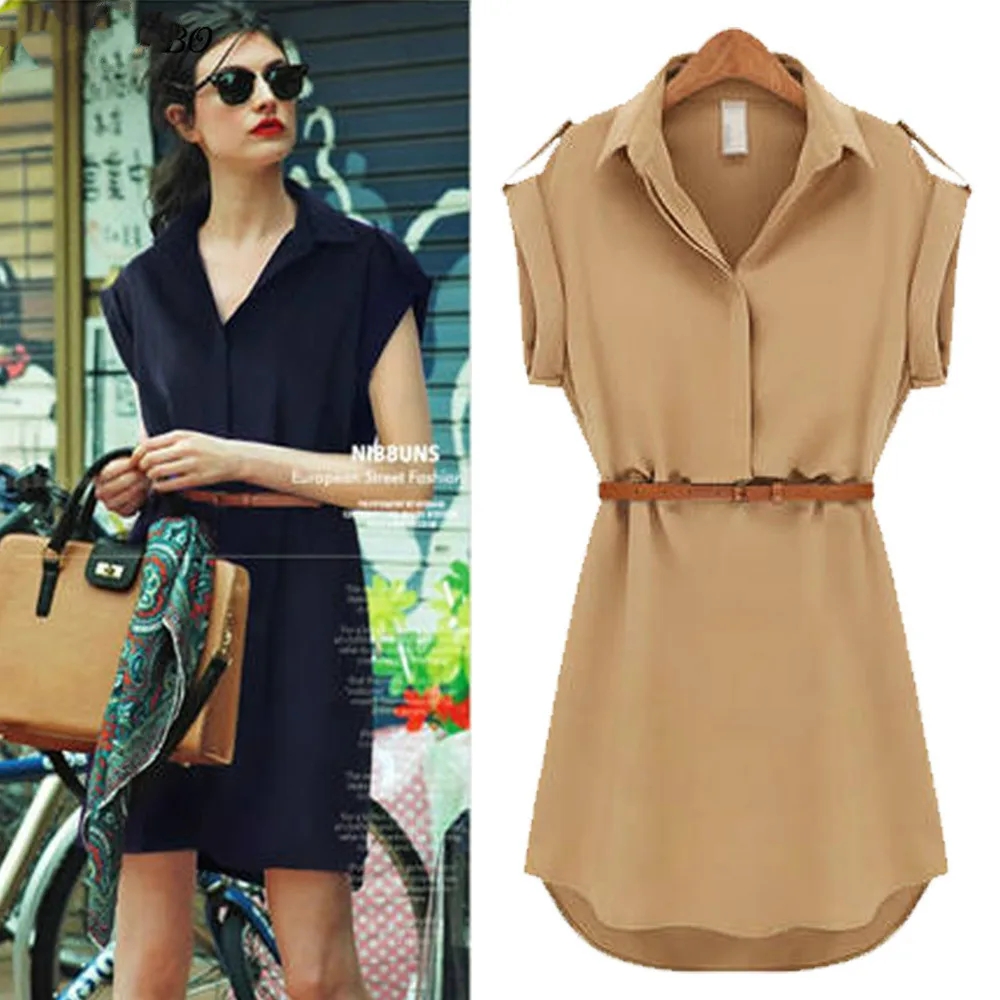 

VOLALO 2023 Women Summer Mini Dress Shirt Notched Neck Short Solid Chiffon Casual Office Dresses With Belt Vestidos De Festa