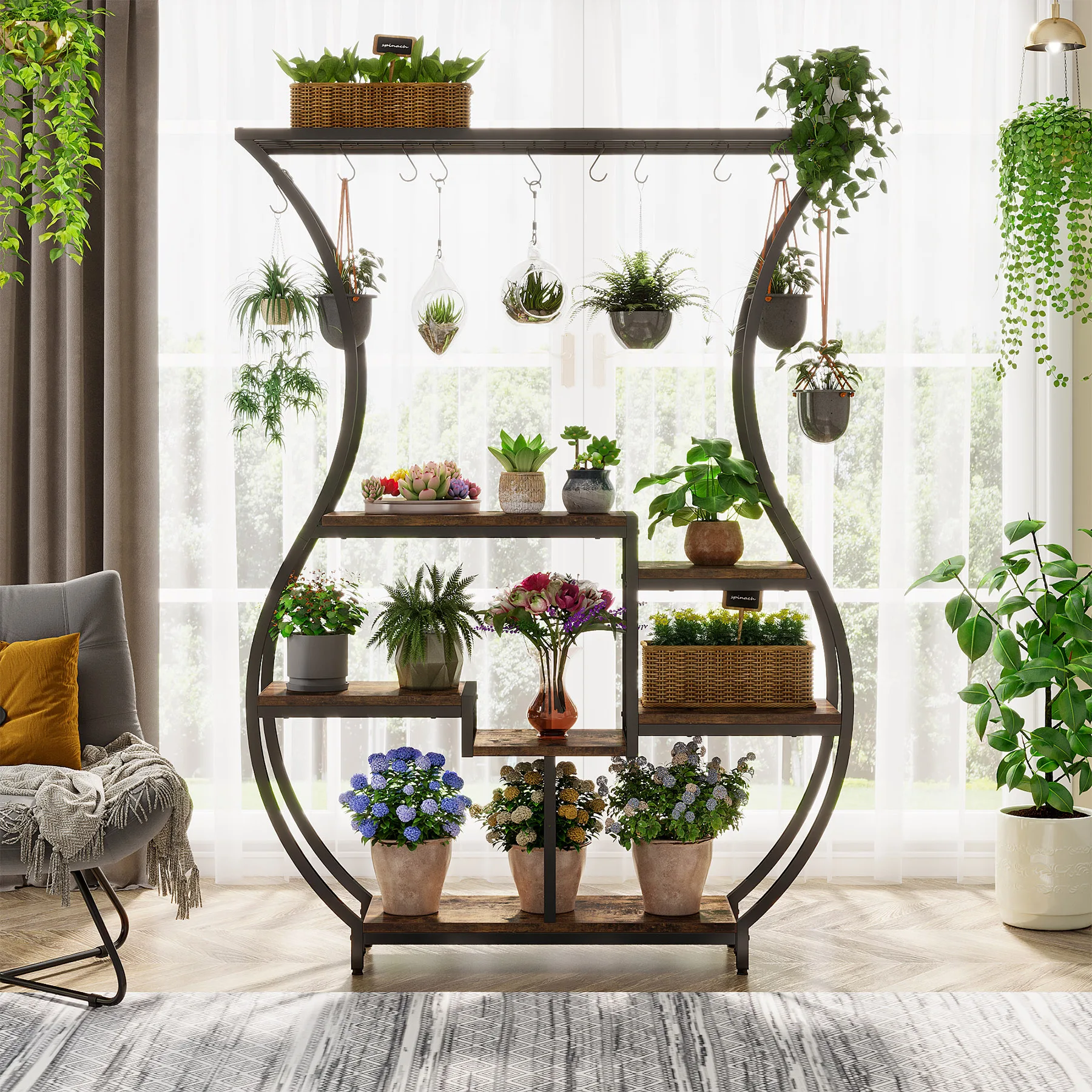 Tribesigns 6-tier plant stand 70.9 inch tall plant shelf with 10 hanging hooks vase shape ladder stand