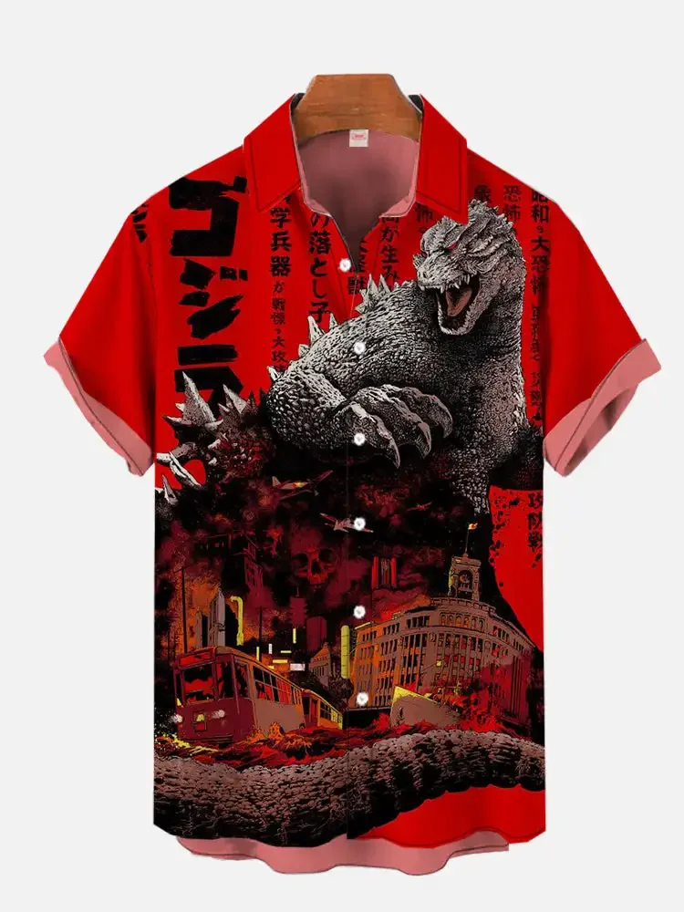 Ancient ink ukiyo-e monster personalized printing short sleeved shirt for men summer lapel shirt street hip-hop