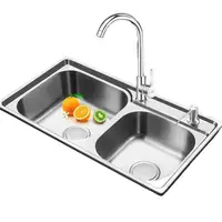 อ่างล้างจานสแตนเลส 304 สำหรับห้องครัว อ่างล้างจานคู่ อ่างล้างผักแบบหนา ชุดอ่างล้างจานพร้อมอ่างล้างผักแบบคู่ ผิวขัดเงา 5