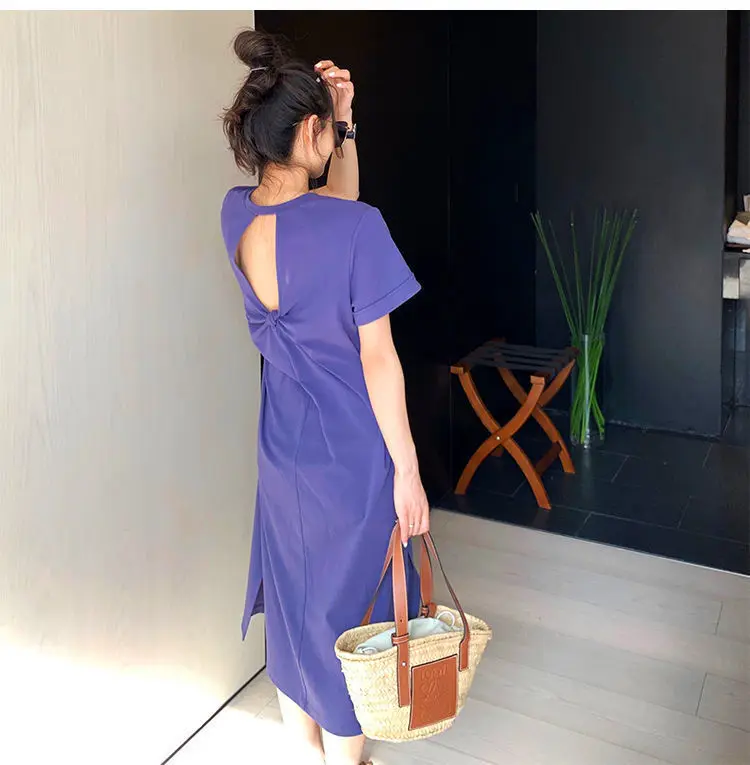 Casual Backless T Shirt Dress Summer New Round Neck Short Sleeve Solid Color Loose Midi Dress Fashion Trend Women Clothing