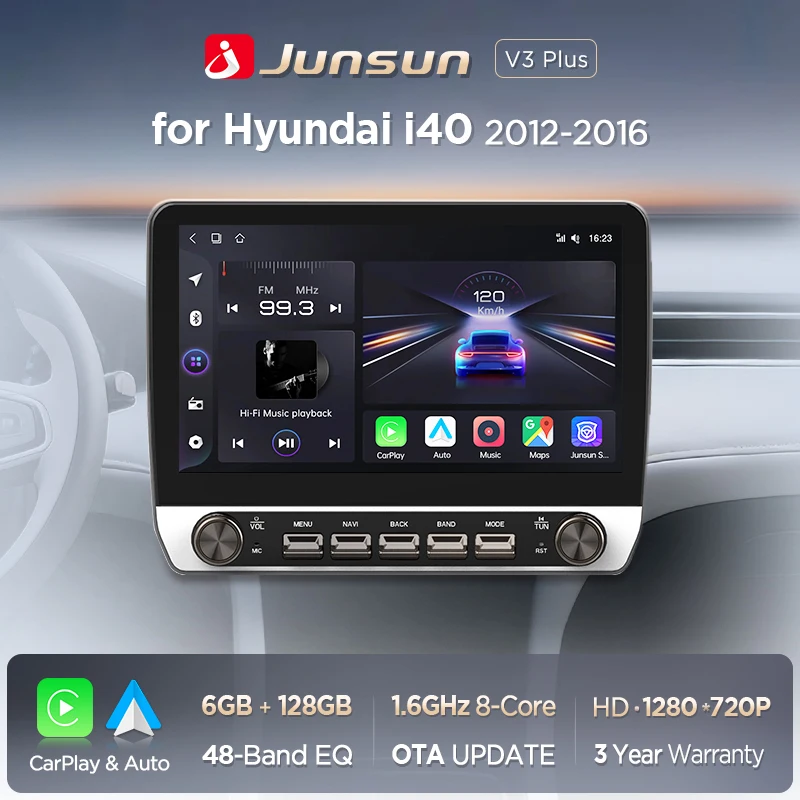 Radio samochodowe Junsun 10.1" z przyciskami, bezprzewodowym Carplay i Android Auto do Hyundai I40, Bluetooth, GPS, nawigacja, 4G, DSP