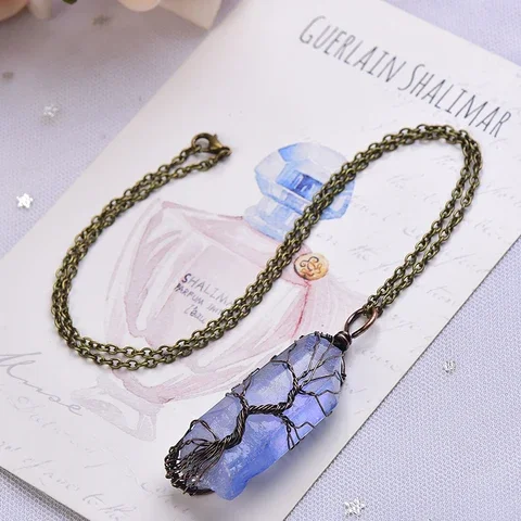 

1PC Natural Aquamarine Crystal Tree Of Life Pendant Bronze Necklace Embellish Healing Energy Stone For Girl Increase Charm Gift