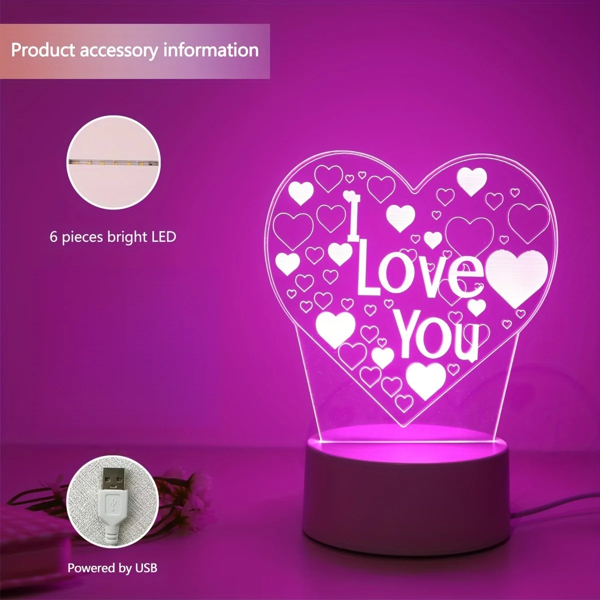 3D LED heart night light with Love You text in a romantic pink glow.